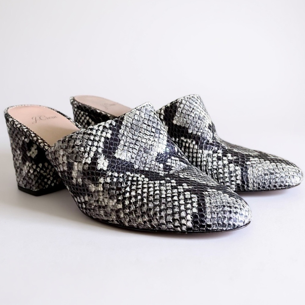 J Crew Sophie Mule Womens Sz 9 Snake Embossed Leather Black Gray Slip On Shoe